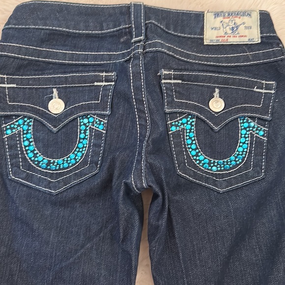 NWOT AUTHENTIC TRUE RELIGION BLUE CRYSTALS STUD  SENIM PANTS - Picture 1 of 9